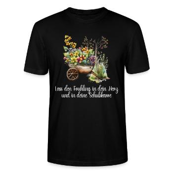 Frischer Wind: 'Frühling in Herz & Schubkarre - Stanley/Stella Unisex Bio-T-Shirt CRAFTER - Schwarz - Vorne - Alina (178cm) & Michal (187cm)
