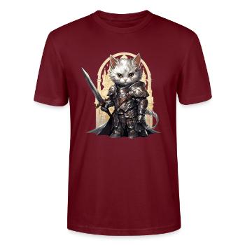 Katze in Ritter Ausrüstung mit Langschwert, AI Gen - Stanley/Stella Unisex Bio-T-Shirt CRAFTER - Burgunderrot - Vorne - Alina (178cm) & Michal (187cm)