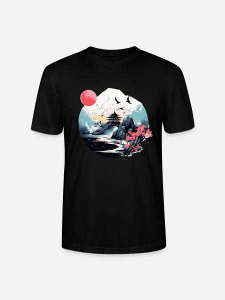 Japanese Mountain, Water & Pagoda Scene - Stanley/Stella CRAFTER Unisex Organic T-Shirt - black