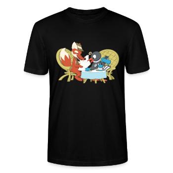 Fuchs und Elster beim Kaffeeklatsch - Stanley/Stella Unisex Bio-T-Shirt CRAFTER - Schwarz - Vorne - Alina (178cm) & Michal (187cm)