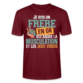 Frère Musculation Jeux Vidéos Frérot Cadeau Humour - T-shirt bio CRAFTER Stanley Stella Unisexe - bordeaux - Devant - Alina (178cm) & Michal (187cm)