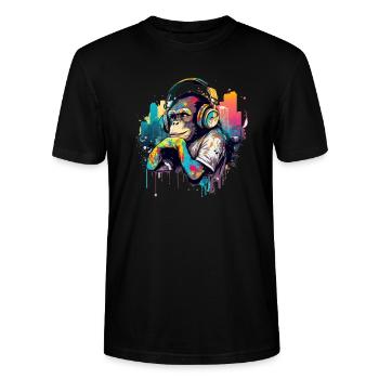 Schimpanse mit Kopfhörer farbig Affe DJ - Stanley/Stella Unisex Bio-T-Shirt CRAFTER - Schwarz - Vorne - Alina (178cm) & Michal (187cm)