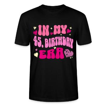 In my 45 birthday era - Stanley/Stella CRAFTER Unisex Organic T-Shirt - black - Front - Alina (178cm) & Michal (187cm)