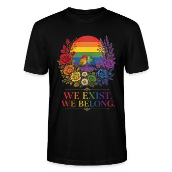 Regenbogen Vögel und Blumen Motiv für Vielfalt - Stanley/Stella Unisex Bio-T-Shirt CRAFTER - Schwarz - Vorne - Alina (178cm) & Michal (187cm)