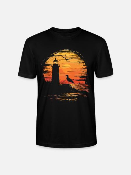 Seagull Seabird Lighthouse Sunset - Stanley/Stella CRAFTER Unisex Organic T-Shirt - black