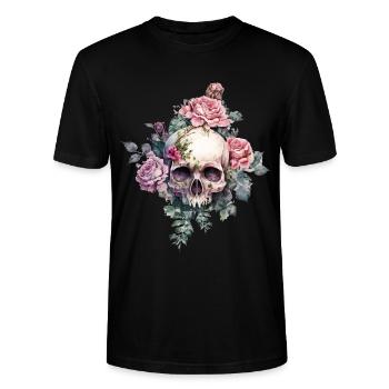 Totenkopf mit Rosen - Stanley/Stella Unisex Bio-T-Shirt CRAFTER - Schwarz - Vorne - Alina (178cm) & Michal (187cm)