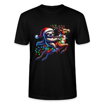 Faultier fliegt mit Rentier Weihnachten - Stanley/Stella Unisex Bio-T-Shirt CRAFTER - Schwarz - Vorne - Alina (178cm) & Michal (187cm)