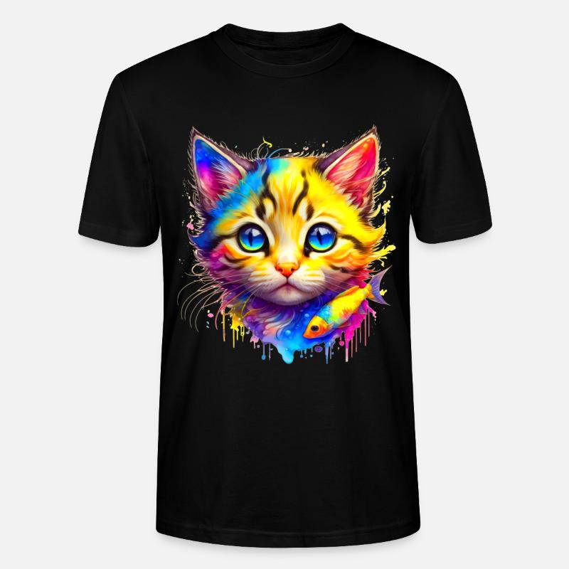 Chaton Arc-en-ciel avec du poisson - T-shirt bio CRAFTER Stanley Stella Unisexe - noir