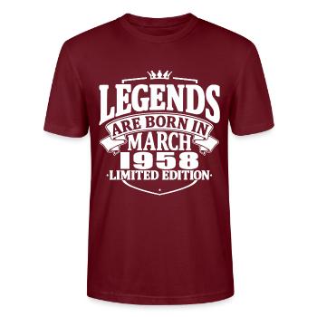 65 years old - 65th birthday - March 1958 - Stanley/Stella CRAFTER Unisex Organic T-Shirt - burgundy - Front - Alina (178cm) & Michal (187cm)
