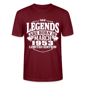 70 Jahre alt - 70. Geburtstag - März 1953 - Stanley/Stella Unisex Bio-T-Shirt CRAFTER - Burgunderrot - Vorne - Alina (178cm) & Michal (187cm)