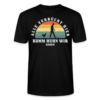 Alle verrückt hier, komm Huhn wir gehen. Hühner - Stanley/Stella Unisex Bio-T-Shirt CRAFTER - Schwarz - Vorne - Alina (178cm) & Michal (187cm)