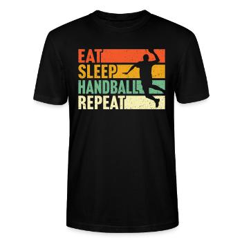 eat sleep handball repeat t-shirt handballer - Stanley/Stella Unisex Bio-T-Shirt CRAFTER - Schwarz - Vorne - Alina (178cm) & Michal (187cm)