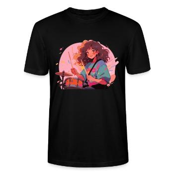 "Jiuchi on Drums" - Manga-Motiv Schlagzeug - Stanley/Stella Unisex Bio-T-Shirt CRAFTER - Schwarz - Vorne - Alina (178cm) & Michal (187cm)