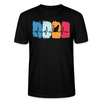 katze retro herzschlag t-shirt katzen kater - Stanley/Stella Unisex Bio-T-Shirt CRAFTER - Schwarz - Vorne - Alina (178cm) & Michal (187cm)