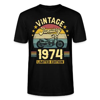 Motard 50 Ans 1974 Janvier 50 Ans Anniversaire - T-shirt bio CRAFTER Stanley Stella Unisexe - noir - Devant - Alina (178cm) & Michal (187cm)