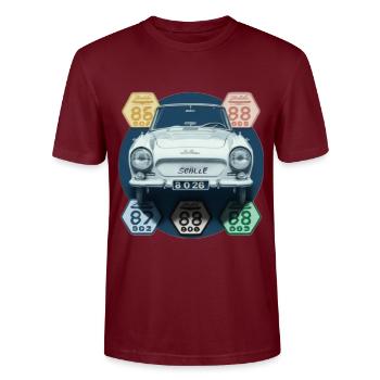 Vignettes automobiles années 70 - T-shirt bio CRAFTER Stanley Stella Unisexe - bordeaux - Devant - Alina (178cm) & Michal (187cm)