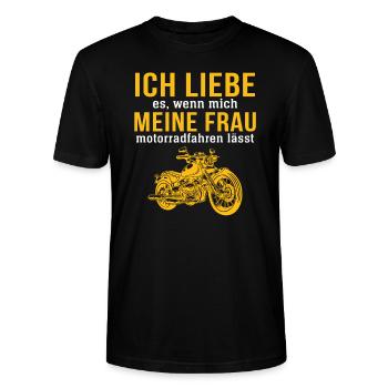 meine frau motorradfahren lässt - Stanley/Stella Unisex Bio-T-Shirt CRAFTER - Schwarz - Vorne - Alina (178cm) & Michal (187cm)