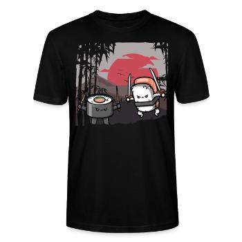 Lustige Sushi Samurai Süße Kawaii Sushi Liebhaber - Stanley/Stella Unisex Bio-T-Shirt CRAFTER - Schwarz - Vorne - Alina (178cm) & Michal (187cm)