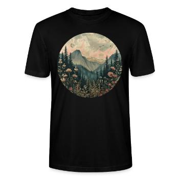 Boho, Flowers, Mountains, Landscape, Nature, Trees - Stanley/Stella CRAFTER Unisex Organic T-Shirt - black - Front - Alina (178cm) & Michal (187cm)