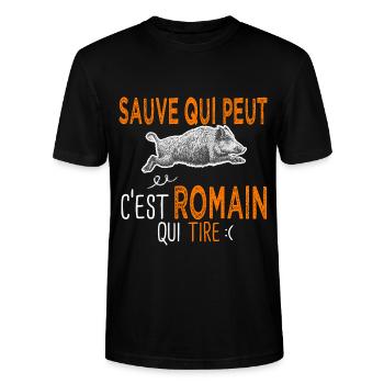 Romain c est romain qui tire Humour Chasseur - T-shirt bio CRAFTER Stanley Stella Unisexe - noir - Devant - Alina (178cm) & Michal (187cm)