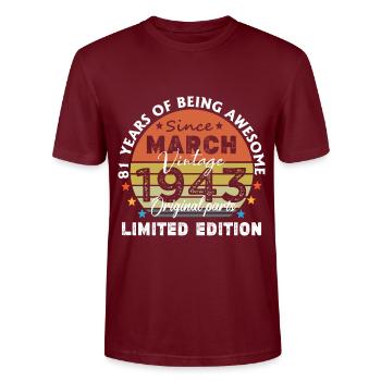 81 Jahre alt Baujahr 1943 Jahrgang März 1943 - Stanley/Stella Unisex Bio-T-Shirt CRAFTER - Burgunderrot - Vorne - Alina (178cm) & Michal (187cm)