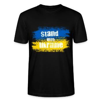 Stand with Ukraine Motiv - Stanley/Stella Unisex Bio-T-Shirt CRAFTER - Schwarz - Vorne - Alina (178cm) & Michal (187cm)