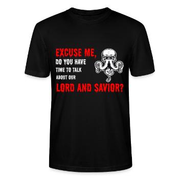 Lord & Savior Cthulhu Funny Parodie T-Shirt - Stanley/Stella Unisex Bio-T-Shirt CRAFTER - Schwarz - Vorne - Alina (178cm) & Michal (187cm)