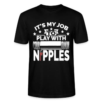 Play With Nipples | Funny Plumber + Pipefitter - Stanley/Stella CRAFTER Unisex Organic T-Shirt - black - Front - Alina (178cm) & Michal (187cm)