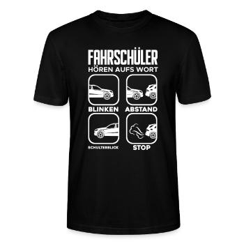 Fahrschule Spruch Fahrschüler Fahrlehrer Geschenk - Stanley/Stella Unisex Bio-T-Shirt CRAFTER - Schwarz - Vorne - Alina (178cm) & Michal (187cm)