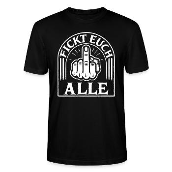 "Rebellisches Statement - Mittelfinger - Stanley/Stella Unisex Bio-T-Shirt CRAFTER - Schwarz - Vorne - Alina (178cm) & Michal (187cm)