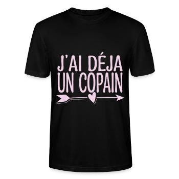 J'ai déjà j'ai un copain. cadeau couple, copine. - T-shirt bio CRAFTER Stanley Stella Unisexe - noir - Devant - Alina (178cm) & Michal (187cm)