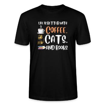Life is better with a Coffee Cats and Books Cat - Stanley/Stella Unisex Bio-T-Shirt CRAFTER - Schwarz - Vorne - Alina (178cm) & Michal (187cm)
