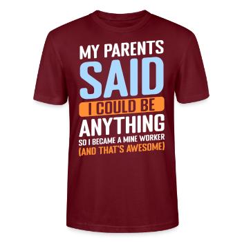 Miners underground treasures - Stanley/Stella CRAFTER Unisex Organic T-Shirt - burgundy - Front - Alina (178cm) & Michal (187cm)