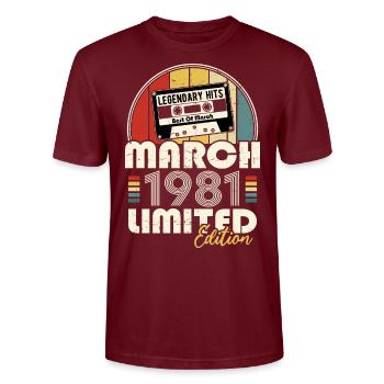 Mars 1981 Vintage Anniversaire Rétro Cadeau - T-shirt bio CRAFTER Stanley Stella Unisexe - bordeaux - Devant - Alina (178cm) & Michal (187cm)