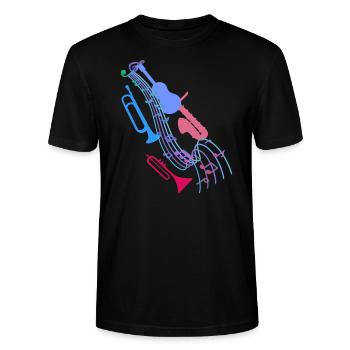 Jazz,Instruments,Partitions,Guitare,Musique - T-shirt bio CRAFTER Stanley Stella Unisexe - noir - Devant - Alina (178cm) & Michal (187cm)