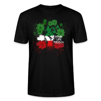 woman life freedom, blumen,iran,flagge - Stanley/Stella Unisex Bio-T-Shirt CRAFTER - Schwarz - Vorne - Alina (178cm) & Michal (187cm)