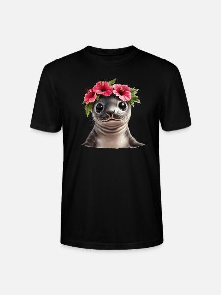 Baby seal with hibiscus - Stanley/Stella CRAFTER Unisex Organic T-Shirt - black