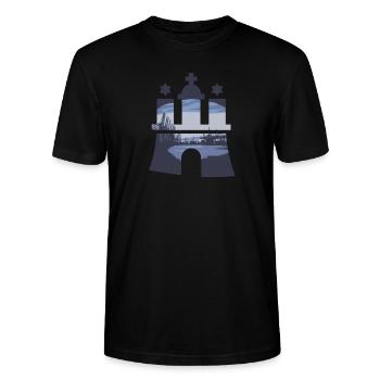 Armoiries du port de Hambourg bleu St. Pauli Landungsbrücken - T-shirt bio CRAFTER Stanley Stella Unisexe - noir - Devant - Alina (178cm) & Michal (187cm)