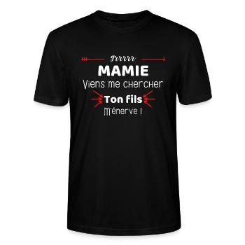 Mamie viens me chercher ton fils m'énerve - T-shirt bio CRAFTER Stanley Stella Unisexe - noir - Devant - Alina (178cm) & Michal (187cm)