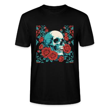 retro skull with red roses design - Stanley/Stella CRAFTER Unisex Organic T-Shirt - black - Front - Alina (178cm) & Michal (187cm)