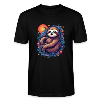 Happy Sloth with Stars & Sun - Chill - Stanley/Stella CRAFTER Unisex Organic T-Shirt - black - Front - Alina (178cm) & Michal (187cm)
