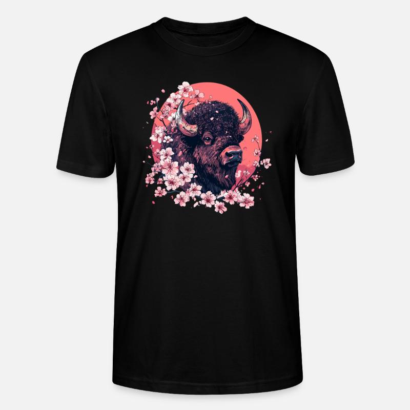 Bison mit Kirschblüten - Stanley/Stella Unisex Bio-T-Shirt CRAFTER - Schwarz