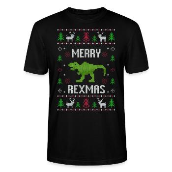 Dino Dinosaurier T-Rex Ugly Christmas Weihnachten - Stanley/Stella Unisex Bio-T-Shirt CRAFTER - Schwarz - Vorne - Alina (178cm) & Michal (187cm)