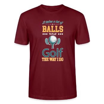 Cooles retro Golfer Shirt für Golfspieler Herren - Stanley/Stella Unisex Bio-T-Shirt CRAFTER - Burgunderrot - Vorne - Alina (178cm) & Michal (187cm)
