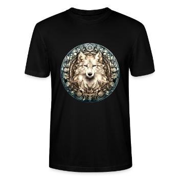 Weißer Wolf, Blumen, Bleiglas Style, Tiere, Hund - Stanley/Stella Unisex Bio-T-Shirt CRAFTER - Schwarz - Vorne - Alina (178cm) & Michal (187cm)