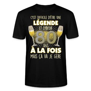 Anniversaire 80 ans Légende Papi et Mamie - T-shirt bio CRAFTER Stanley Stella Unisexe - noir - Devant - Alina (178cm) & Michal (187cm)