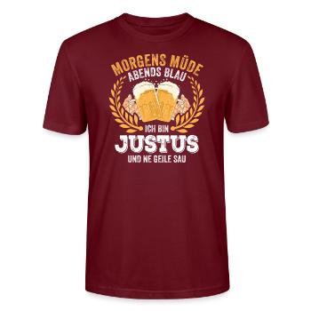Justus First Name Name Birthday Beer drinking - Stanley/Stella CRAFTER Unisex Organic T-Shirt - burgundy - Front - Alina (178cm) & Michal (187cm)