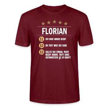 Florian Habe immer Recht Namenstag - Stanley/Stella Unisex Bio-T-Shirt CRAFTER - Burgunderrot - Vorne - Alina (178cm) & Michal (187cm)