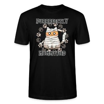 "Purrrfectly Mummyfied", cute mummy cat - Stanley/Stella CRAFTER Unisex Organic T-Shirt - black - Front - Alina (178cm) & Michal (187cm)