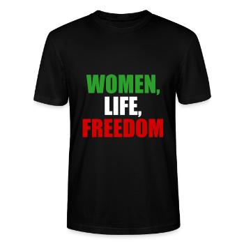 women life freedom Iran revolution - Stanley/Stella CRAFTER Unisex Organic T-Shirt - black - Front - Alina (178cm) & Michal (187cm)